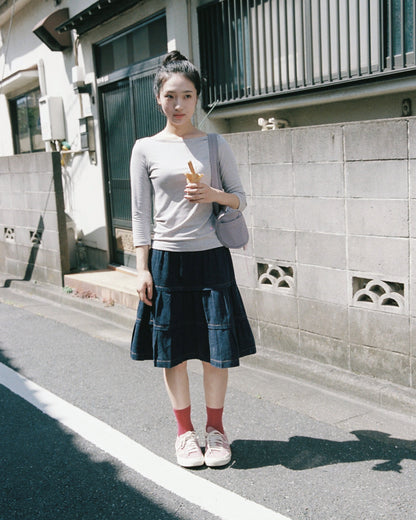 【9月下旬発送予定】Floral Waist Tiered Denim Skirt
