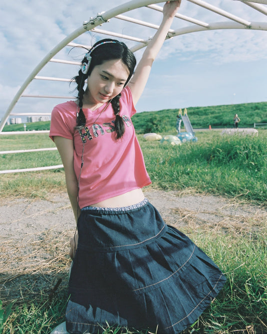 【9月下旬発送予定】Floral Waist Tiered Denim Skirt